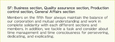 5F: Business section, Quality assurance section, Production control section, General Affairs section Members on the fifth floor always maintain the balance of our corporation and mutual understanding and work in complete solidarity with each different sections and members. In addition, we tackle a task and consider about time management and time consciousness for persevering, dedicating, and explicating.