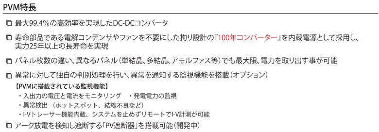 PVM��Ĺ ����99.4��ι��Ψ��¸�����DC-DC����С��� ��̿���ʤǤ����Ų򥳥�ǥ󥵤�ե�������פˤ��������߷פΡ�100ǯ����С������٤���¢�Ÿ��Ȥ��ƺ��Ѥ�������25ǯ�ʾ��Ĺ��̿��¸� �ѥͥ�����ΰ㤤���ۤʤ�ѥͥ��ñ�뾽��¿�뾽�������ե������ˤǤ����¡����Ϥ���Ф�������ǽ �������Ϥ��Ű�����ή���˥���󥰡���ȯ�����Ϥδƻ� ���۾︡�� �ʥۥåȥ��ݥåȡ��������ɤʤɡˡ�I-V�ȥ졼������ǽ��¢�������ƥ��ߤ᤺��⡼�Ȥ�I-V��¬����ǽ��PVM����ܤ���Ƥ���ƻ뵡ǽ�۰۾���Ф����ȼ���Ƚ�̽�����Ԥ����۾�����Τ���ƻ뵡ǽ����ܡʥ��ץ����� ���������Ť��Τ����Ǥ����PV���Ǵ�פ���ܲ�ǽ�ʳ�ȯ���